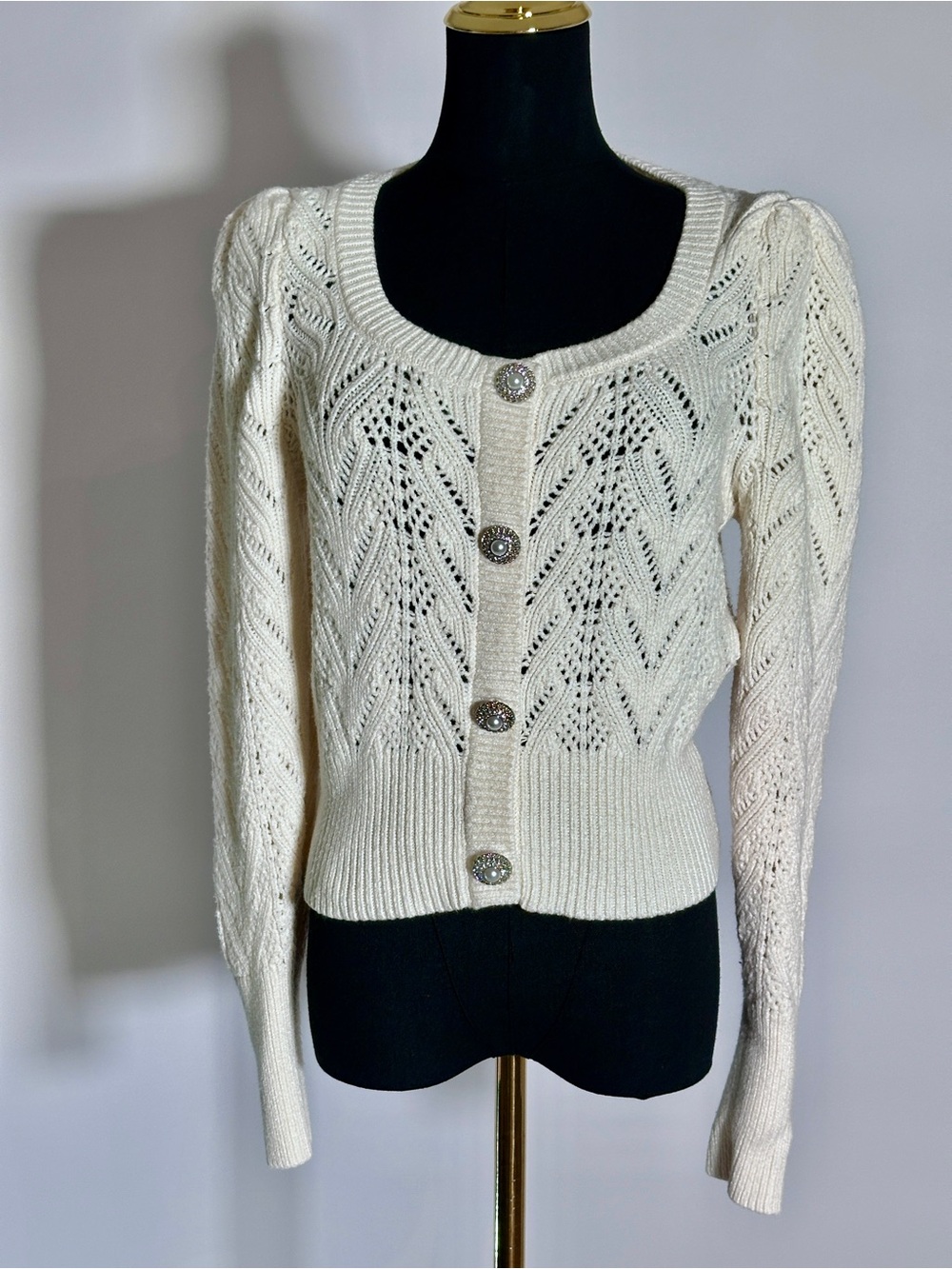 Express Cream Openwork Puff-Sleeve Jewel-Button Cardigan Size M EUC